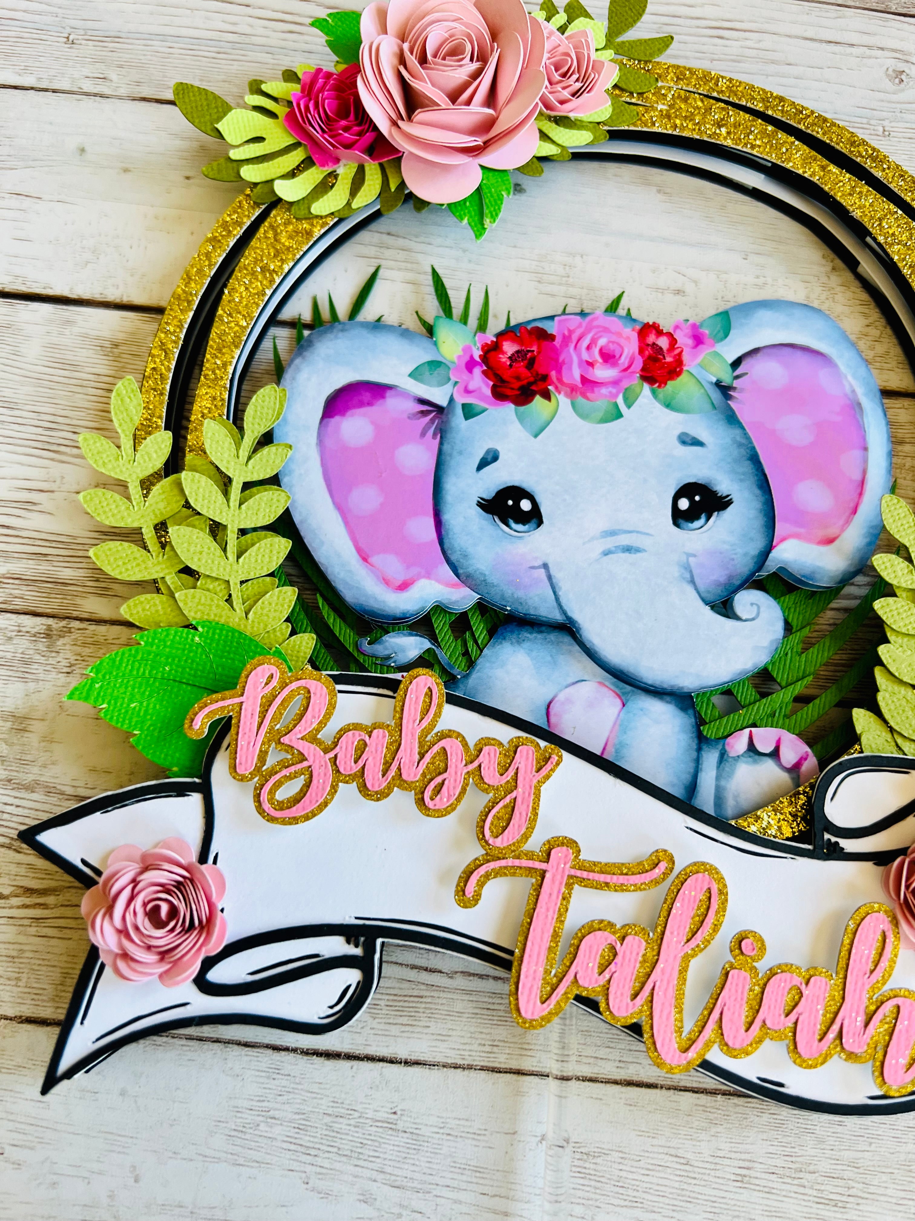 Elephant cake topper, baby shower cake decoration, sunflower elephant centerpiece, discount baby elephant, name banner, cold porcelain, keepsake gift