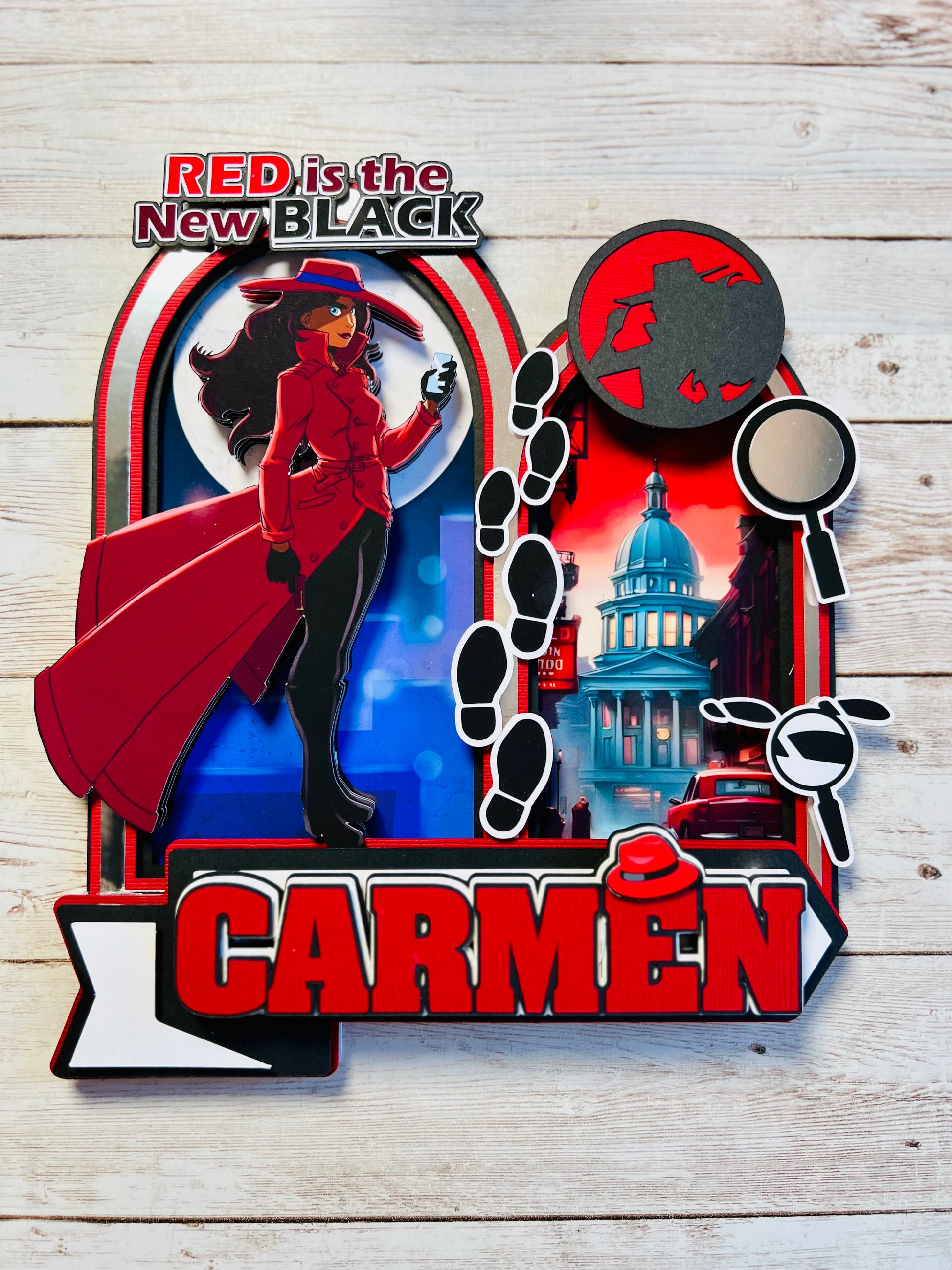 Carmen Sandiego cake topper